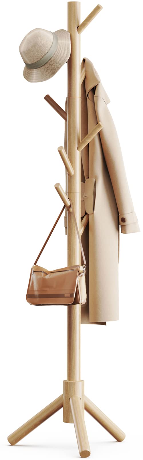 Pipishell Sturdy Wooden Coat Tree with 8 Hooks, 3 Adjustable Sizes for Clothes, Hat Stand Used in Bedroom/Office/Entryway, Brown