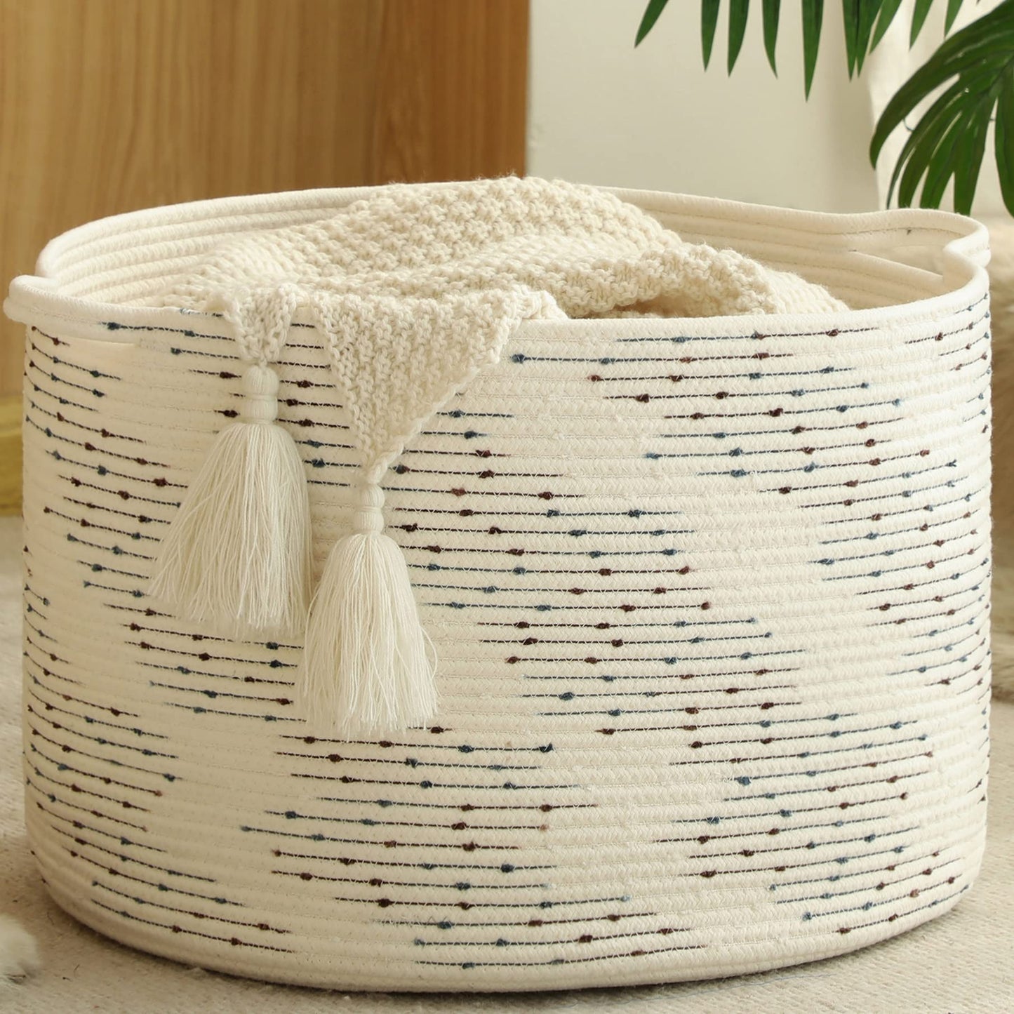 KAKAMAY Large Blanket Basket (20"x13"),Woven Baskets for storage Baby Laundry Hamper, Cotton Rope Blanket Basket for Living Room, Laundry, Nursery, Pillows, Baby Toy chest (White/Brown)