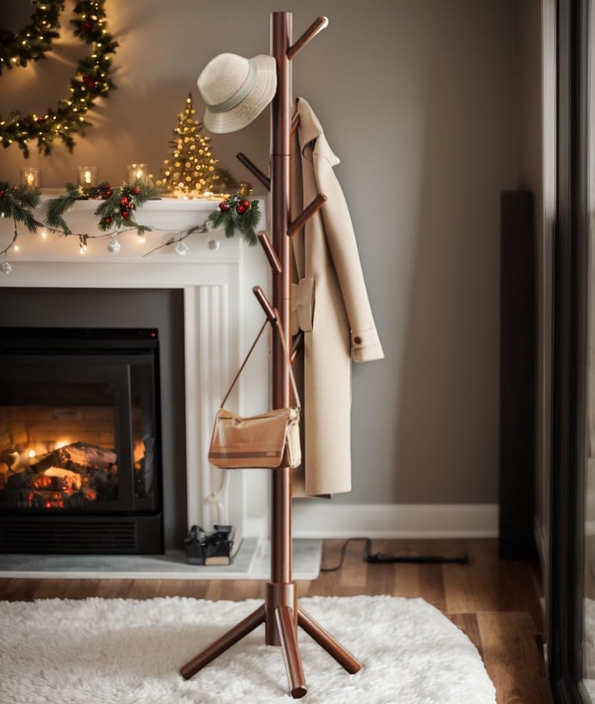 Pipishell Sturdy Wooden Coat Tree with 8 Hooks, 3 Adjustable Sizes for Clothes, Hat Stand Used in Bedroom/Office/Entryway, Brown