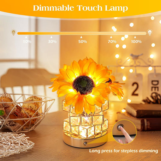 Sunflowers Flower Lamp,Rechargeable Cordless Touch Table Lamp,3-Colour Infinitely Dimming Small Night Light,Festival Restaurant Bedroom Bar Coffee Shop Birthday Gifts for Women Mom
