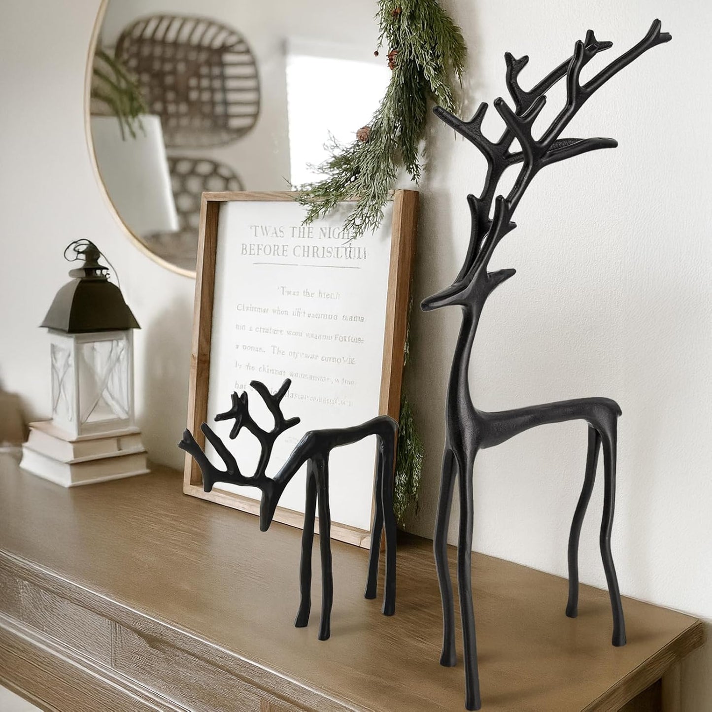 Christmas Decorations - Set of 2 Black Reindeer Statues - Modern Aluminum Alloy Xmas Figurines - Elegant Indoor Holiday Decor - Table Centerpieces - Ideal for Mantel Living Room Bedroom Office