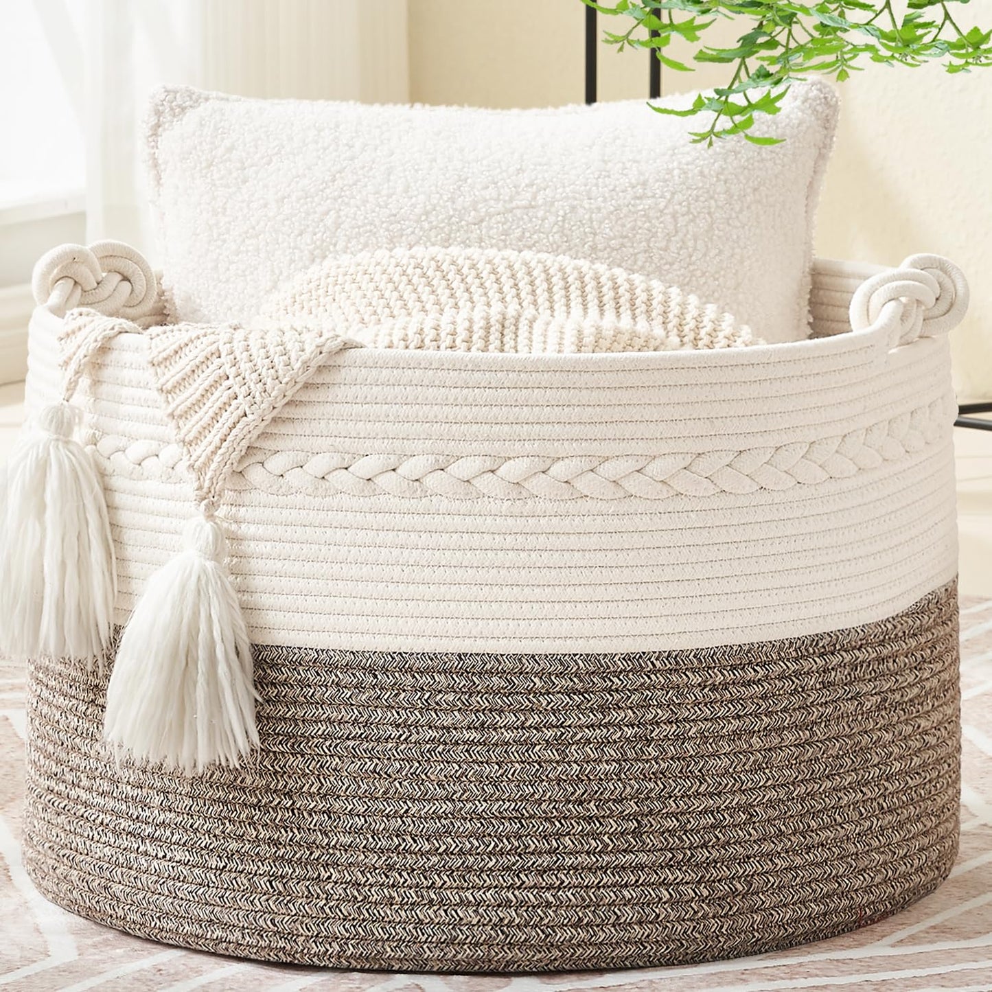 KAKAMAY Large Blanket Basket (20"x13"),Woven Baskets for storage Baby Laundry Hamper, Cotton Rope Blanket Basket for Living Room, Laundry, Nursery, Pillows, Baby Toy chest (White/Brown)