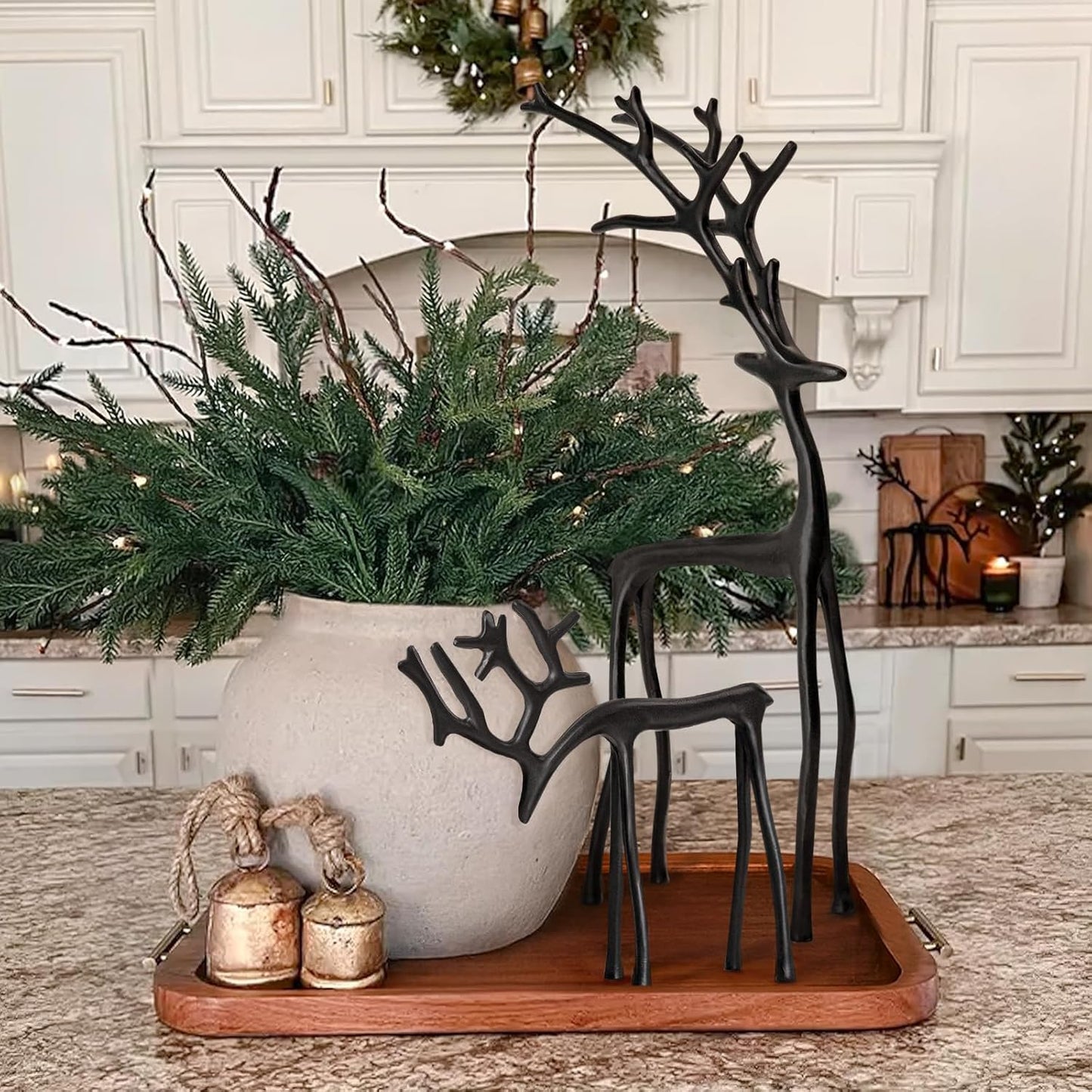Christmas Decorations - Set of 2 Black Reindeer Statues - Modern Aluminum Alloy Xmas Figurines - Elegant Indoor Holiday Decor - Table Centerpieces - Ideal for Mantel Living Room Bedroom Office