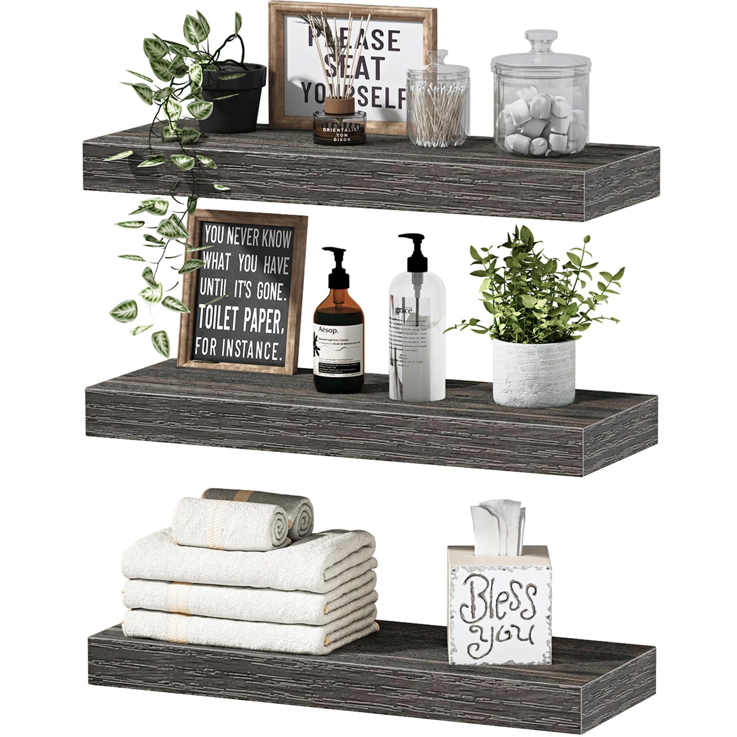 QEEIG Floating Shelves for Wall Bathroom Shelf Bedroom Kitchen Living Room Hanging Book Shelves Small Farmhouse Decor 16 inch Set of 3, Rustic Brown (015-BN3)