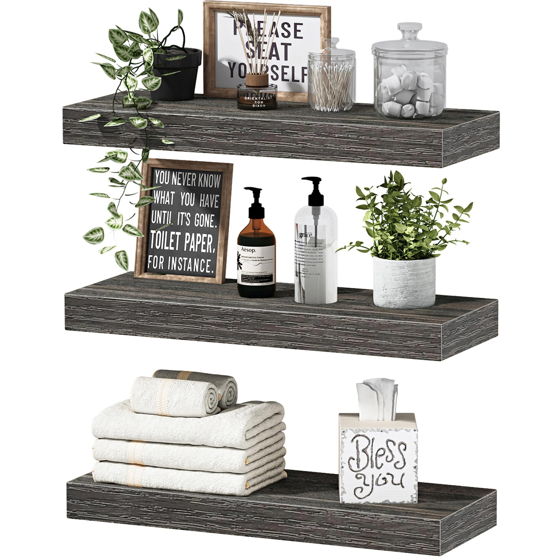 QEEIG Floating Shelves for Wall Bathroom Shelf Bedroom Kitchen Living Room Hanging Book Shelves Small Farmhouse Decor 16 inch Set of 3, Rustic Brown (015-BN3)