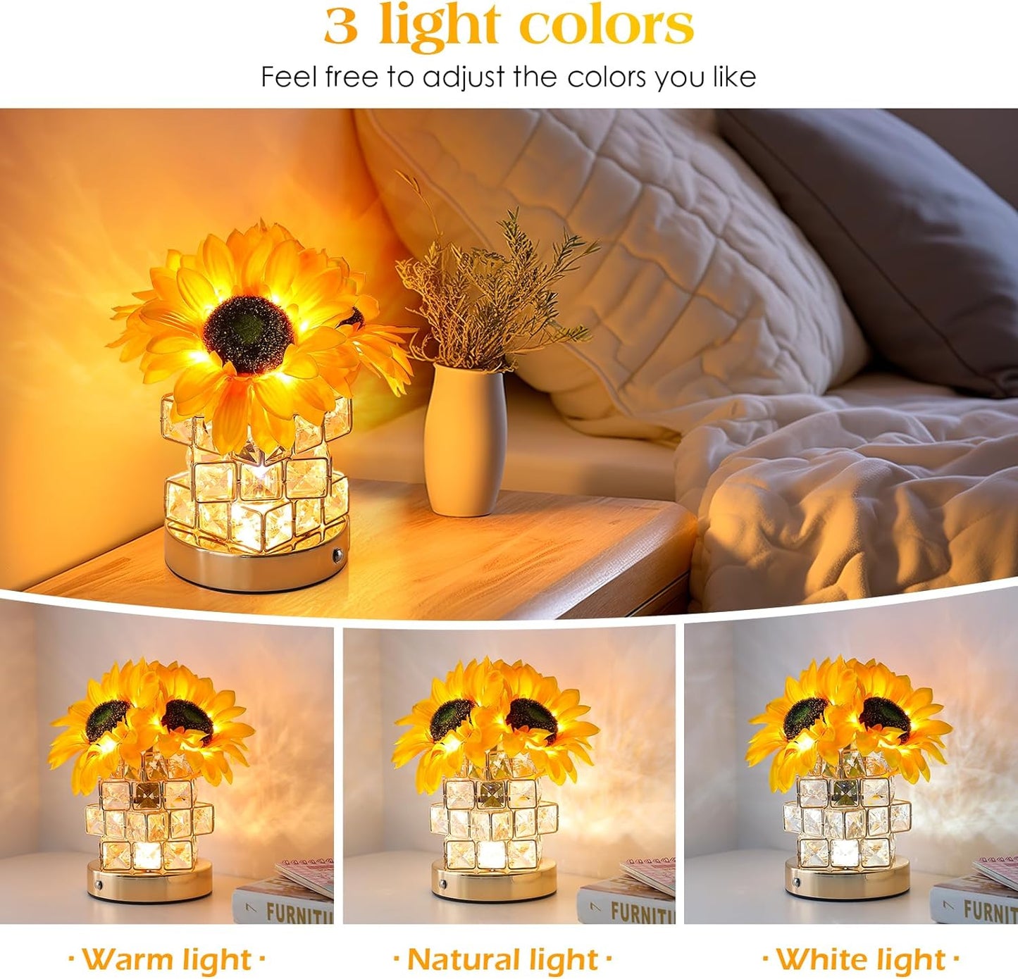 Sunflowers Flower Lamp,Rechargeable Cordless Touch Table Lamp,3-Colour Infinitely Dimming Small Night Light,Festival Restaurant Bedroom Bar Coffee Shop Birthday Gifts for Women Mom